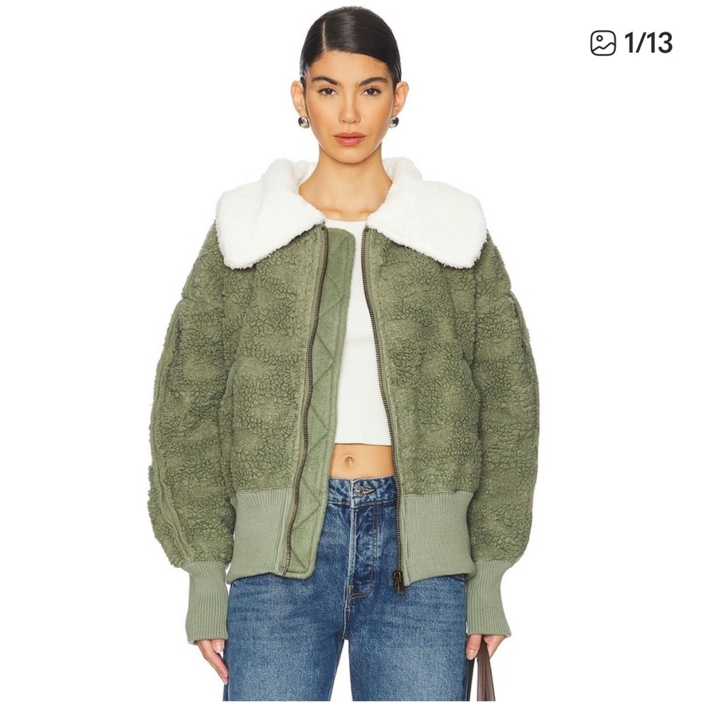 Free People Faux Sherpa Bomber Jacket in Kelp Green with Cream Collar